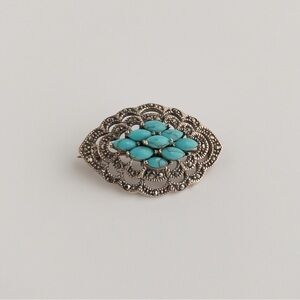 Mid-Century Vintage Sterling Silver Brooch 925 Blue Glass Marcasite Pin